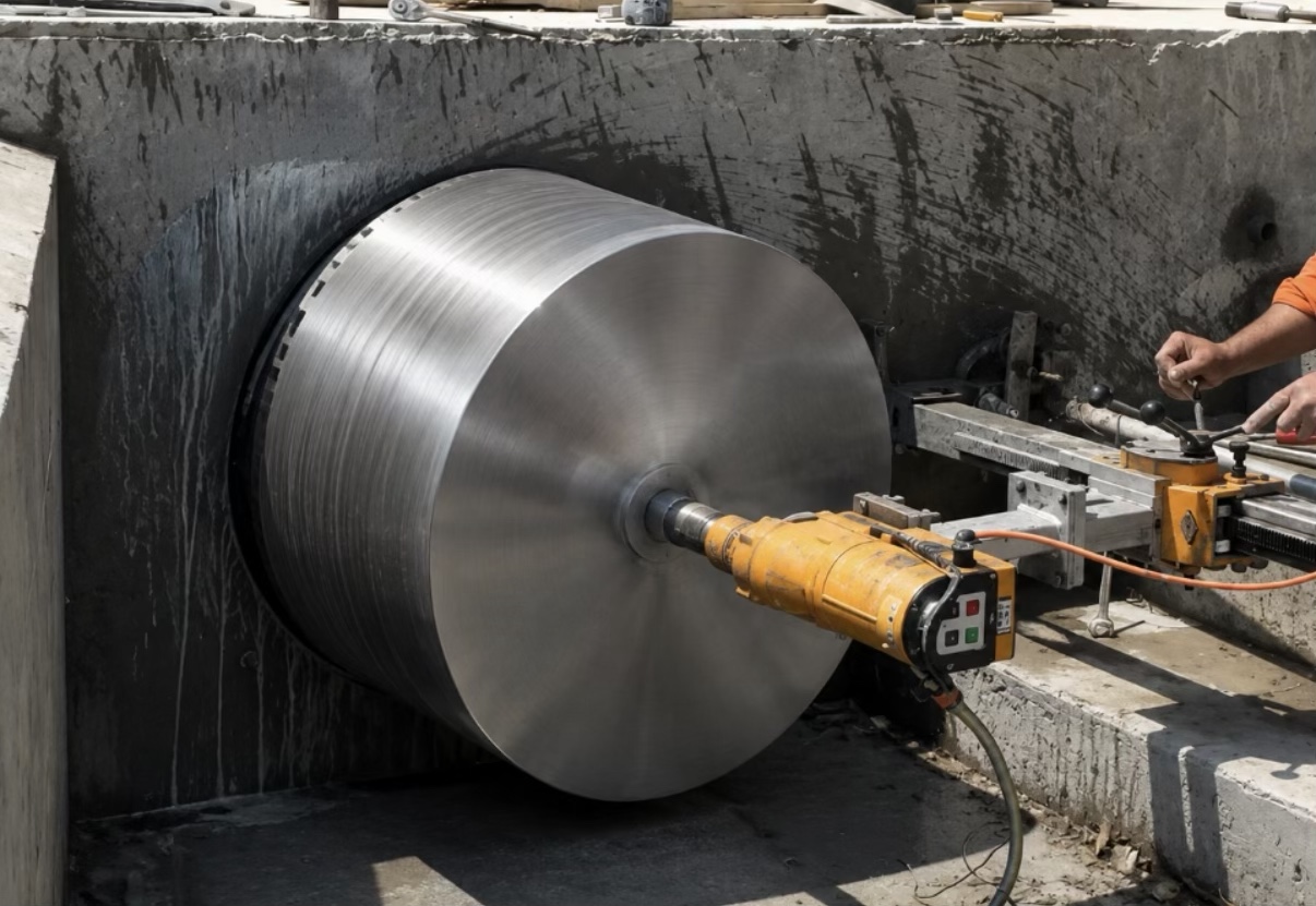 Extra large diamond core bit in operation
